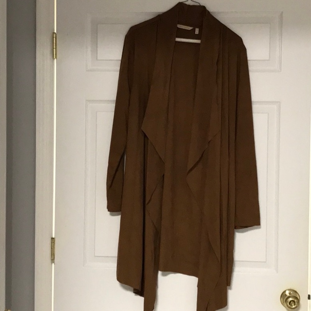 Soft Surroundings Brown Faux Suede Open Front Cardigan Approx 34” long back NWOT